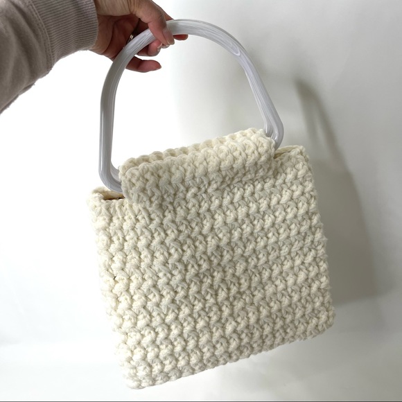 Vtg Crochet Double Handle Handbag Clutch Handmade Boho Purse - Picture 7 of 14